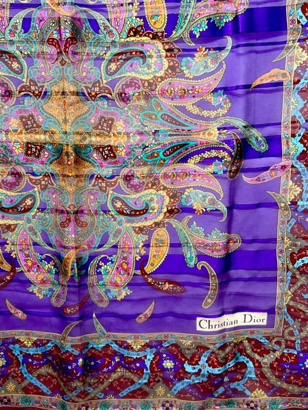 Christian Dior Soft 00% Silk Scarf Chiffon & Satin PurplePaisley Floral 31"(21 - Picture 14 of 14